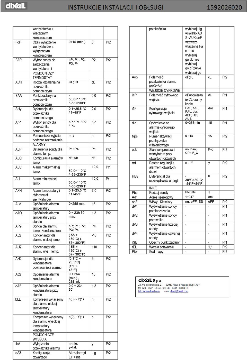 pomocniczego Pomocnicze wyjście podczas rozmrażania ALARMY Ustawienia sondy dla alarmu temp. Konfiguracja alarmów temp. Alarm maksymalnej temp. Alarm minimalnej temp.