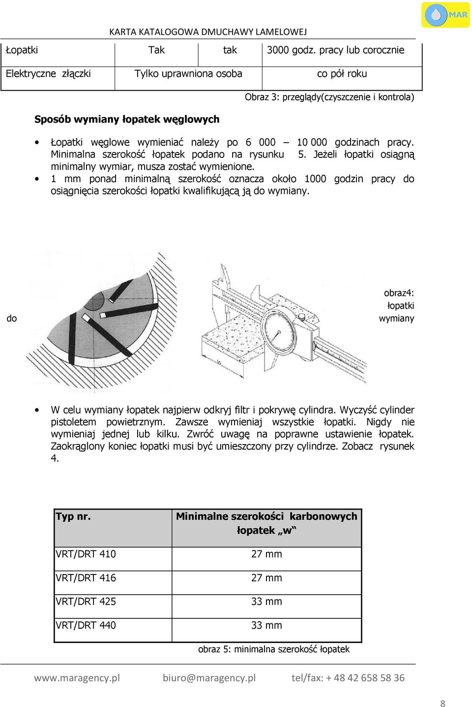 godzinach pracy. Minimalna szerokość łopatek podano na rysunku 5. Jeżeli łopatki osiągną minimalny wymiar, musza zostać wymienione.