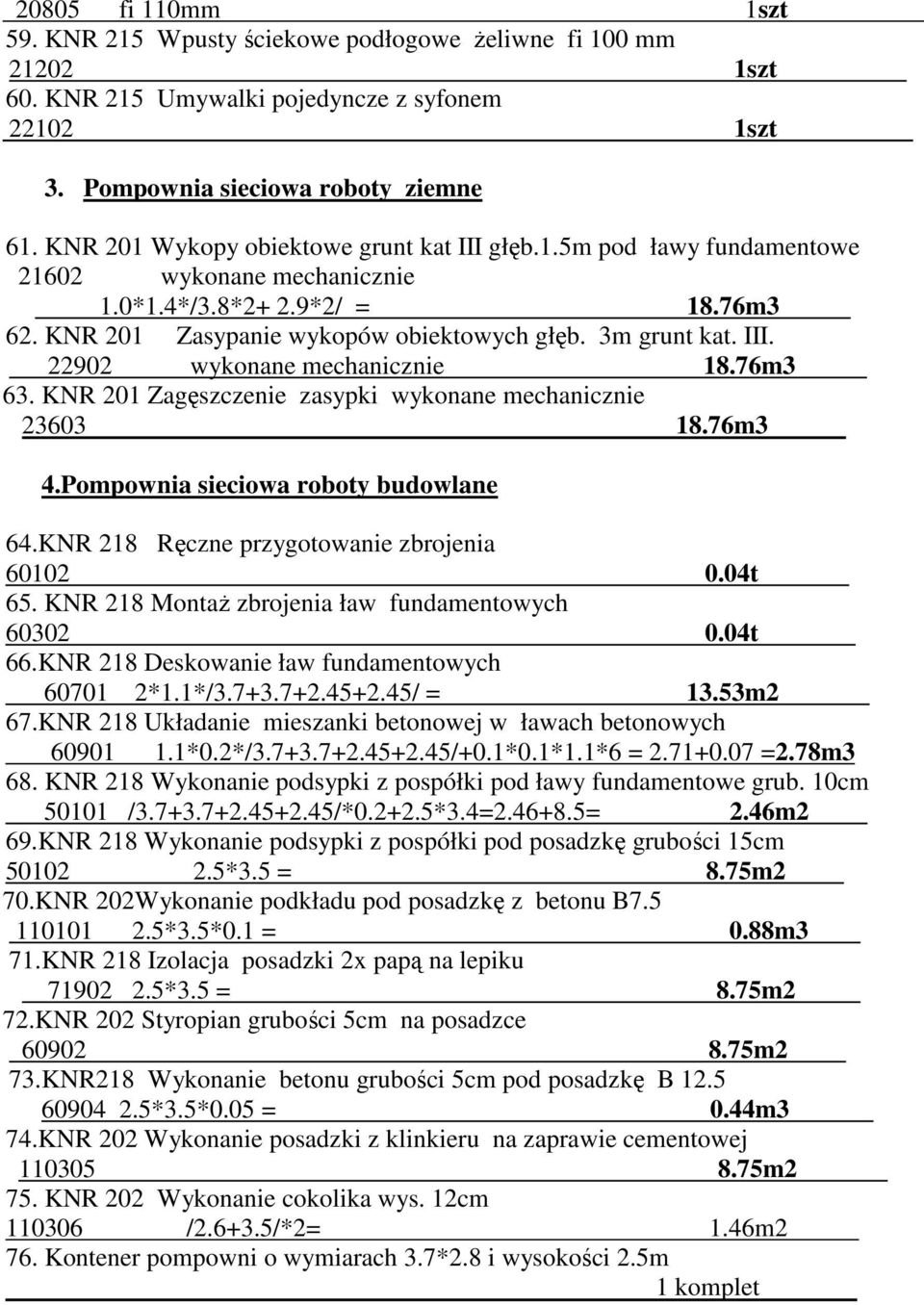 76m3 63. KNR 201 Zagęszczenie zasypki wykonane mechanicznie 23603 18.76m3 4.Pompownia sieciowa roboty budowlane 64.KNR 218 Ręczne przygotowanie zbrojenia 60102 0.04t 65.