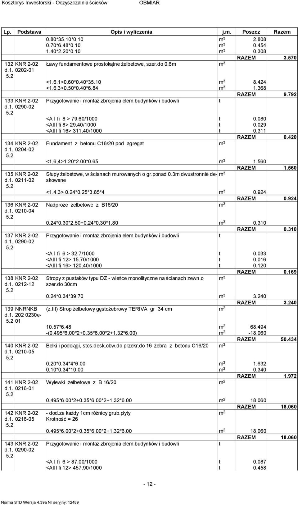 do 0.6 <.6.>0.60*0.0*5.0 8. <.6.>0.50*0.0*6.8.68 RAZEM 9.79 Przygotowanie i ontaż zbrojenia ele.budynków i budowli t <A I fi 8 > 79.60/000 t 0.080 <AIII fi 8> 9.0/000 t 0.09 <AIII fi 6>.0/000 t 0. RAZEM 0.