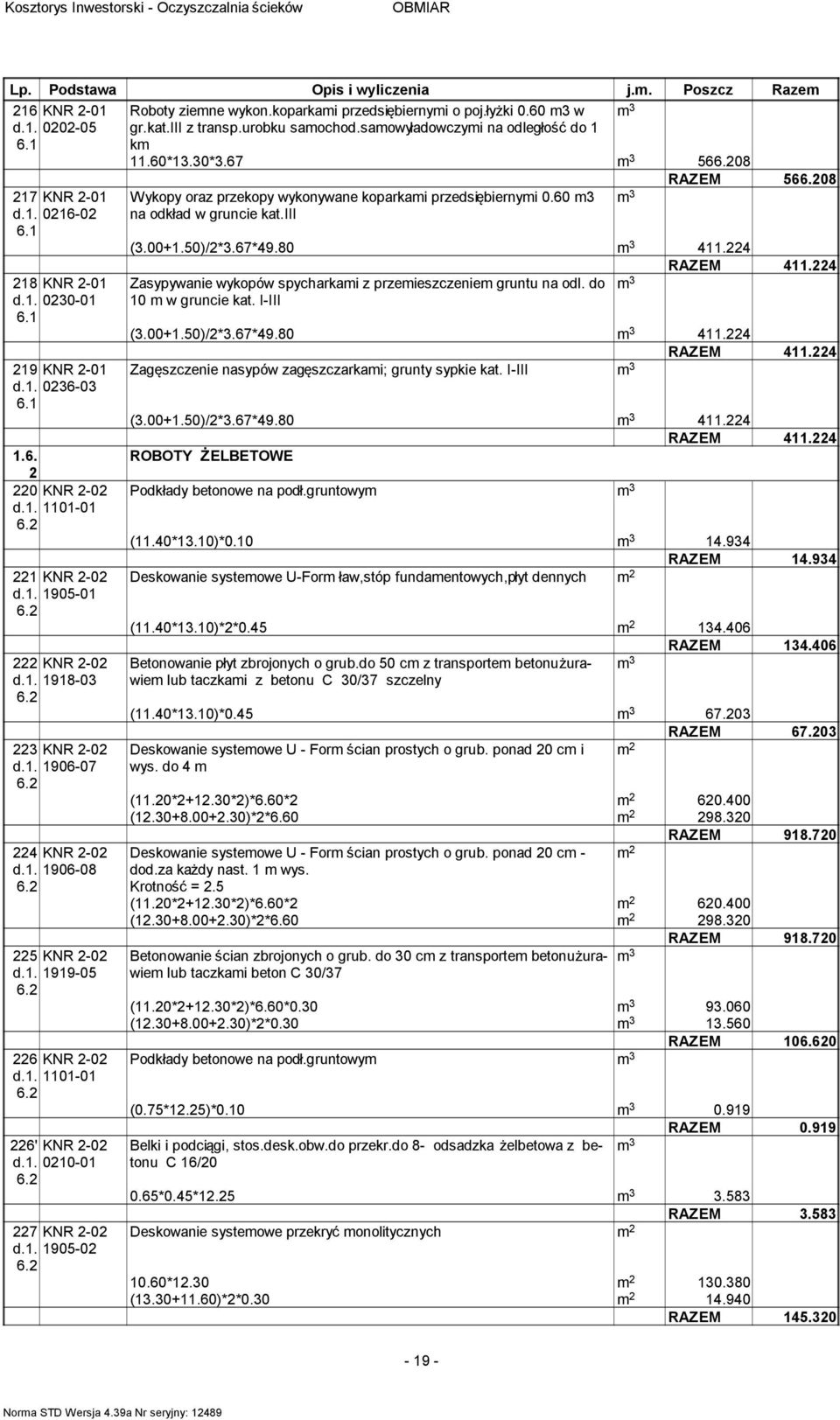 iii z transp.urobku saochod.saowyładowczyi na odległość do k.60*.0*.67 566.08 RAZEM 566.08 Wykopy oraz przekopy wykonywane koparkai przedsiębiernyi 0.60 na odkład w gruncie kat.iii (.00+.50)/*.67*9.