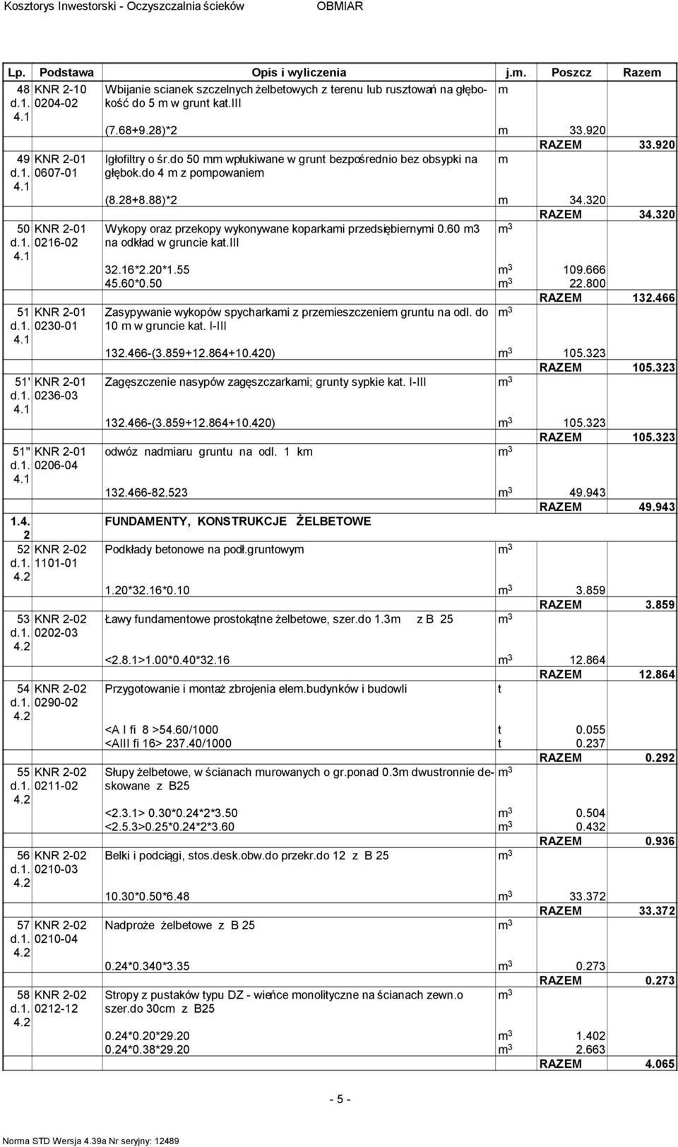 . 00-0. 58 KNR -0 d.. 0-. Igłofiltry o śr.do 50 wpłukiwane w grunt bezpośrednio bez obsypki na głębok.do z popowanie (8.8+8.88)*.0 RAZEM.0 Wykopy oraz przekopy wykonywane koparkai przedsiębiernyi 0.