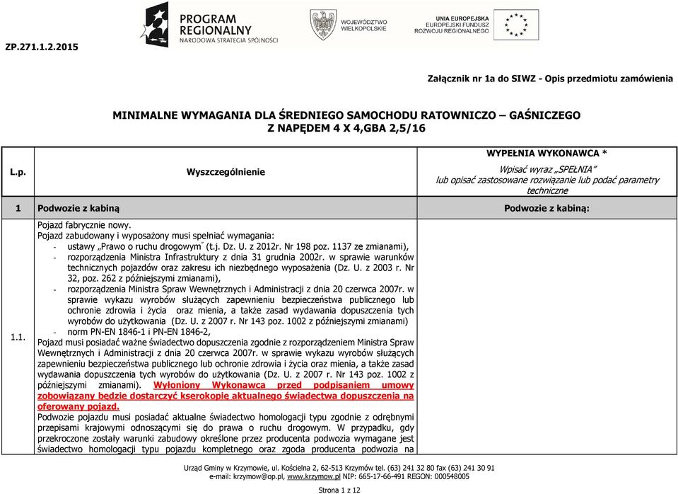 1137 ze zmianami), - rozporządzenia Ministra Infrastruktury z dnia 31 grudnia 2002r. w sprawie warunków technicznych pojazdów oraz zakresu ich niezbędnego wyposażenia (Dz. U. z 2003 r. Nr 32, poz.