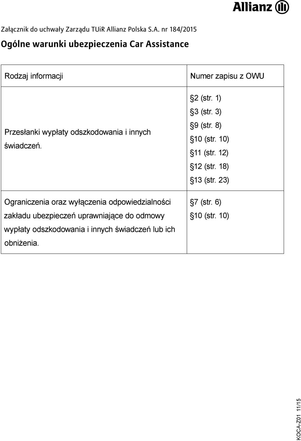 nr 184/2015 Ogólne warunki ubezpieczenia Car Assistance Rodzaj informacji Przesłanki wypłaty odszkodowania i innych