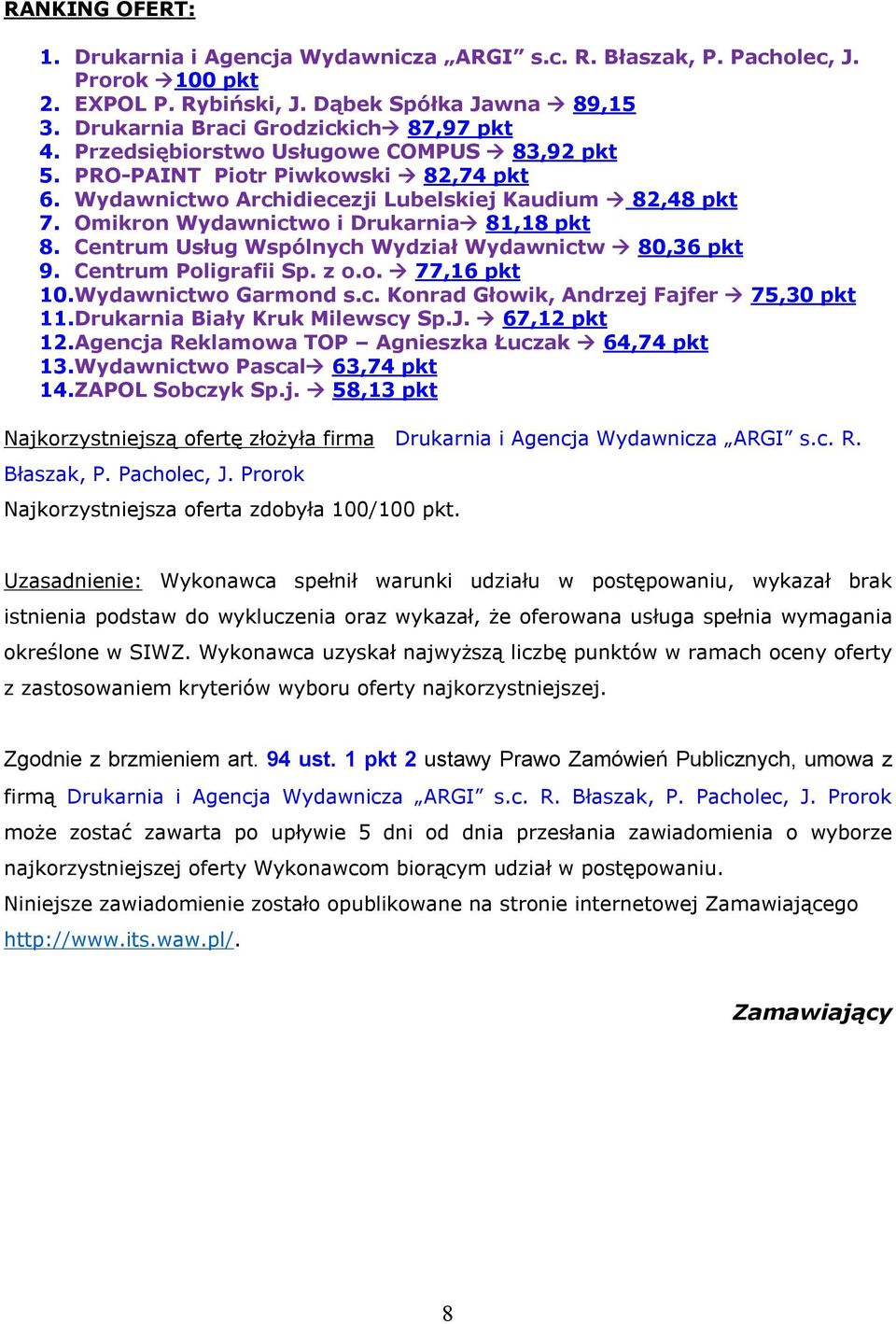 Centrum Usług Wspólnych Wydział Wydawnictw 80,36 pkt 9. Centrum Poligrafii Sp. z o.o. 77,16 pkt 10. Wydawnictwo Garmond s.c. Konrad Głowik, Andrzej Fajfer 75,30 pkt 11.