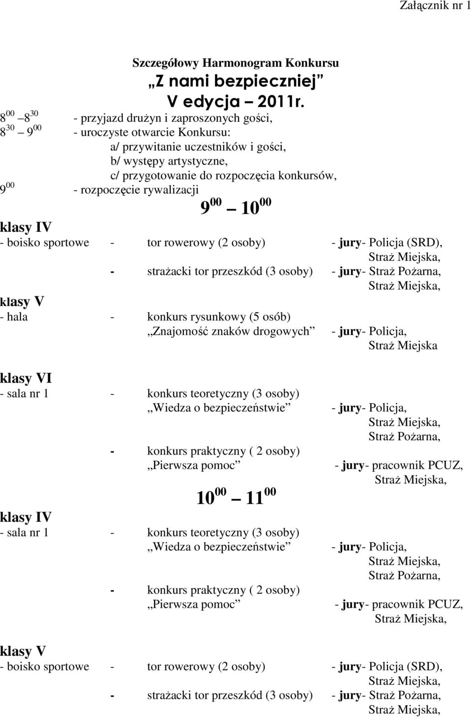 - rozpoczęcie rywalizacji 9 00 10 00 klasy IV - boisko sportowe - tor rowerowy (2 osoby) - jury- Policja (SRD), - strażacki tor przeszkód (3 osoby) - jury- Straż Pożarna, klasy V - hala - konkurs