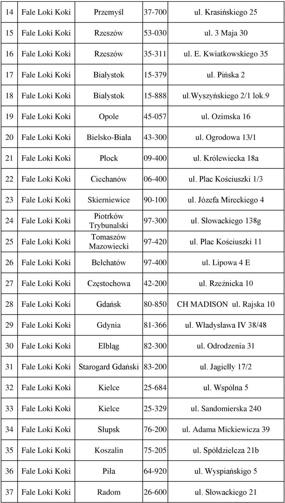 Ogrodowa 13/1 21 Fale Loki Koki Płock 09-400 ul. Królewiecka 18a 22 Fale Loki Koki Ciechanów 06-400 ul. Plac Kościuszki 1/3 23 Fale Loki Koki Skierniewice 90-100 ul.