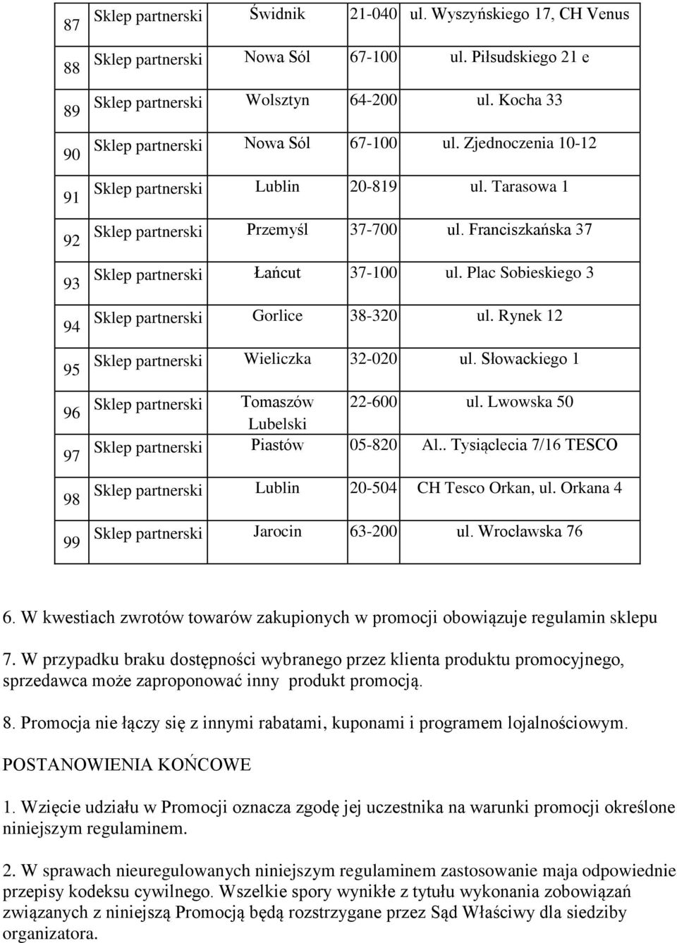 Plac Sobieskiego 3 Sklep partnerski Gorlice 38-320 ul. Rynek 12 Sklep partnerski Wieliczka 32-020 ul. Słowackiego 1 Sklep partnerski Tomaszów 22-600 ul.