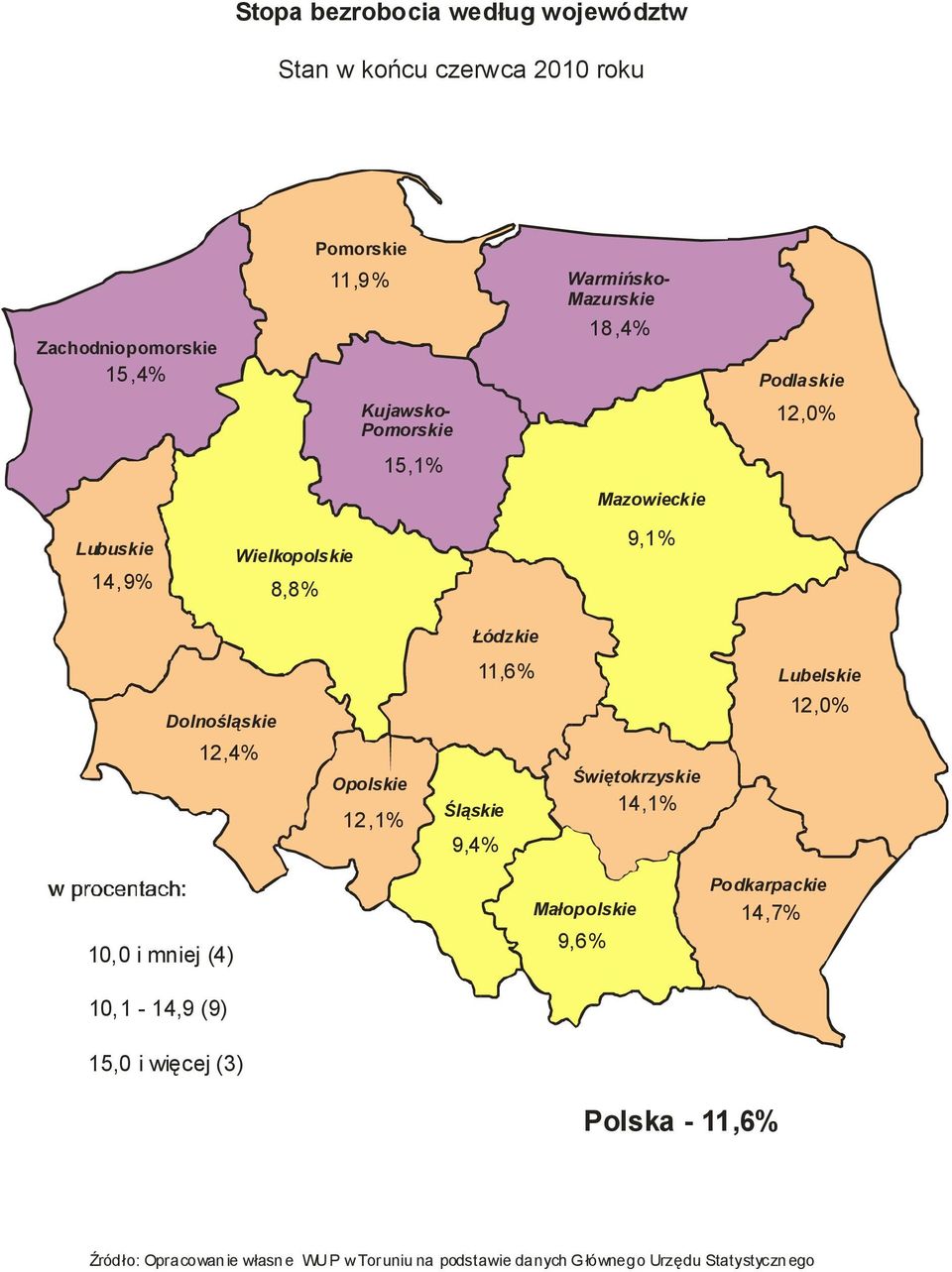 Opolskie 12,1% 11,6% Śląskie 9,4% Świętokrzyskie 14,1% Lubelskie 12,0% 10,0 i mniej (4) 10,1-14,9 (9) 15,0 i więcej (3)