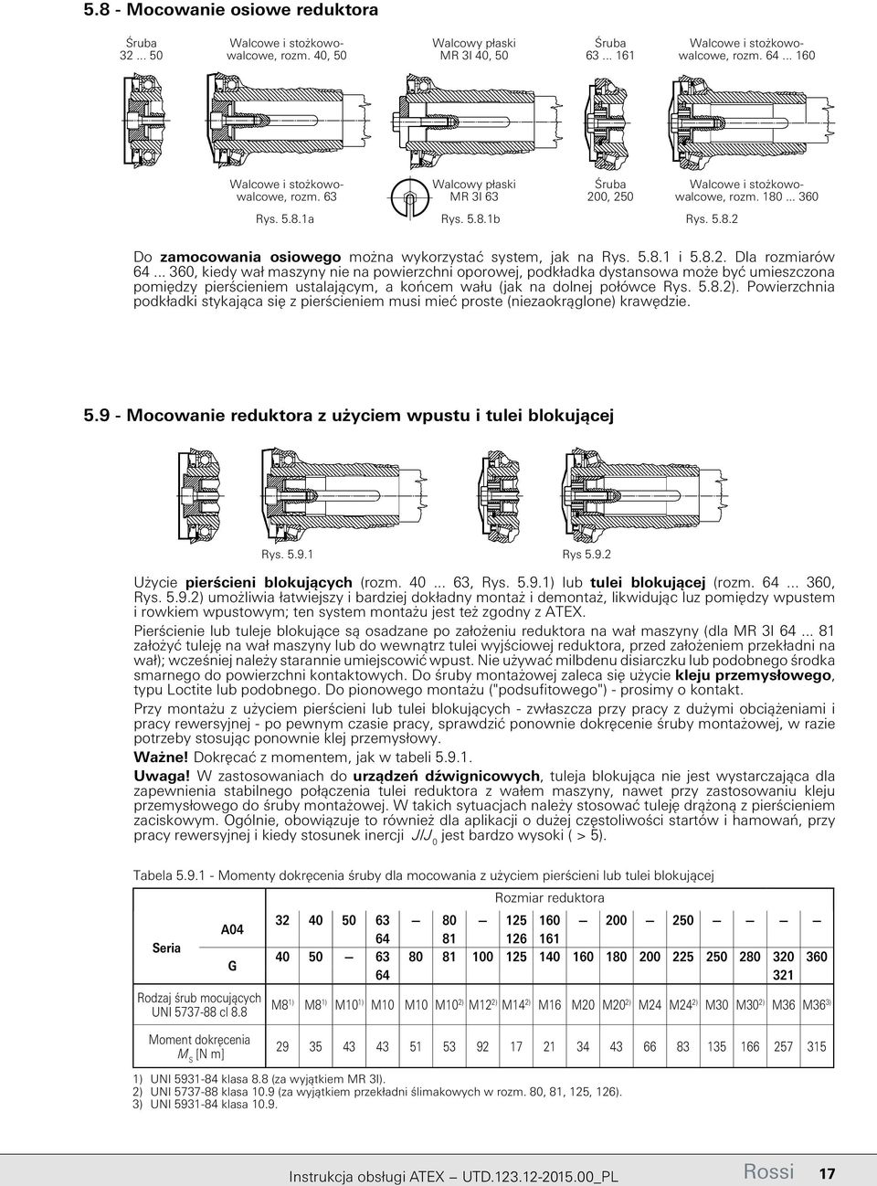 .. 360 Do zamocowania osiowego można wykorzystać system, jak na Rys. 5.8.1 i 5.8.2. Dla rozmiarów 64.