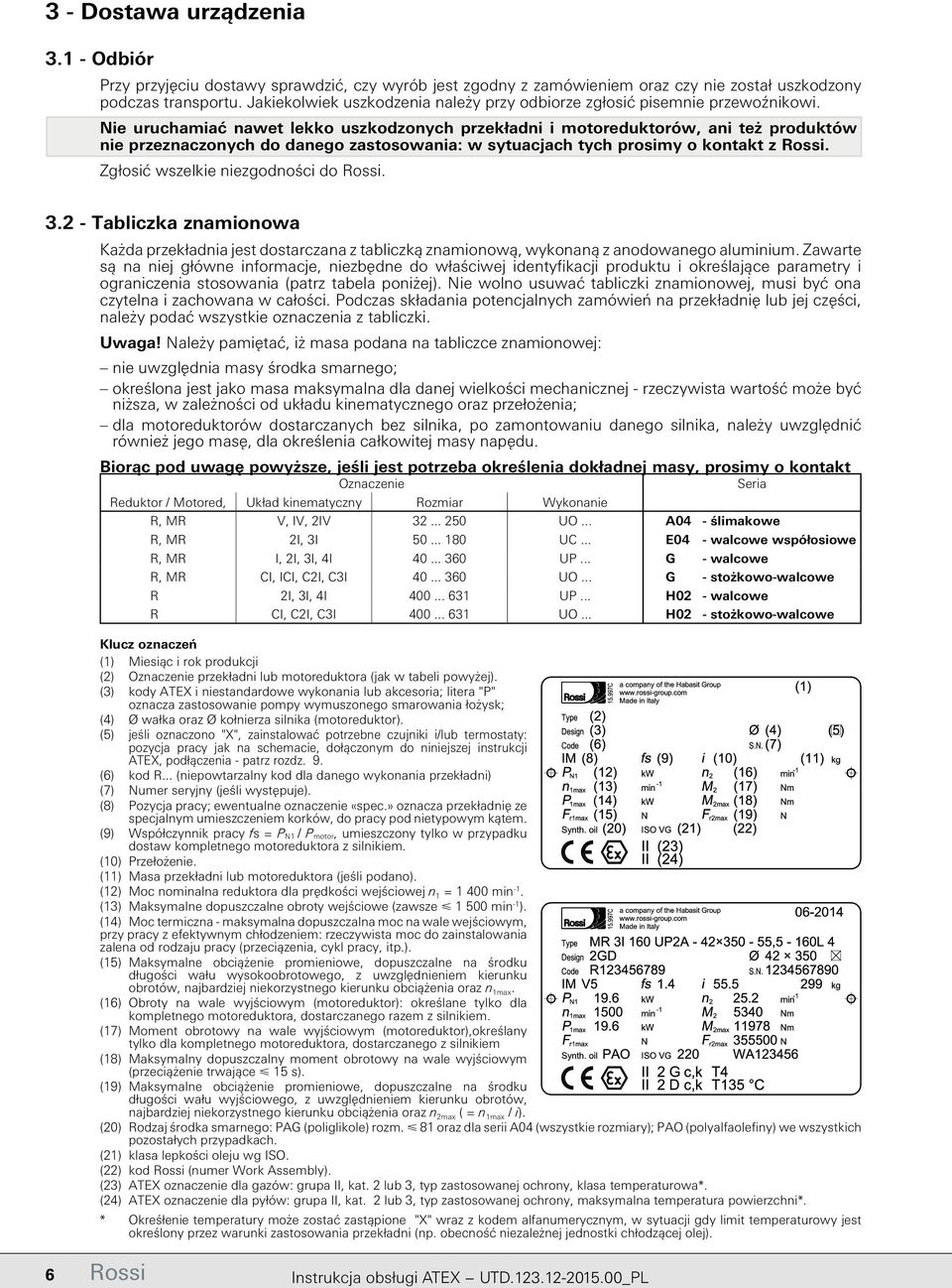 Nie uruchamiać nawet lekko uszkodzonych przekładni i motoreduktorów, ani też produktów nie przeznaczonych do danego zastosowania: w sytuacjach tych prosimy o kontakt z Rossi.
