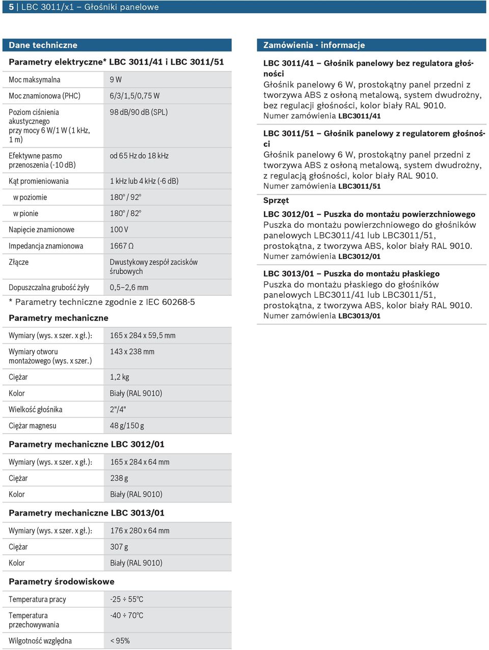 grbość żyły 1 khz lb 4 khz (-6 db) V 1667 Ω Dwstykowy zespół zacisków śrbowych,5 2,6 mm * Parametry techniczne zgodnie z IEC 268 5 Parametry mechaniczne Zamówienia - informacje LBC 11/41 Głośnik