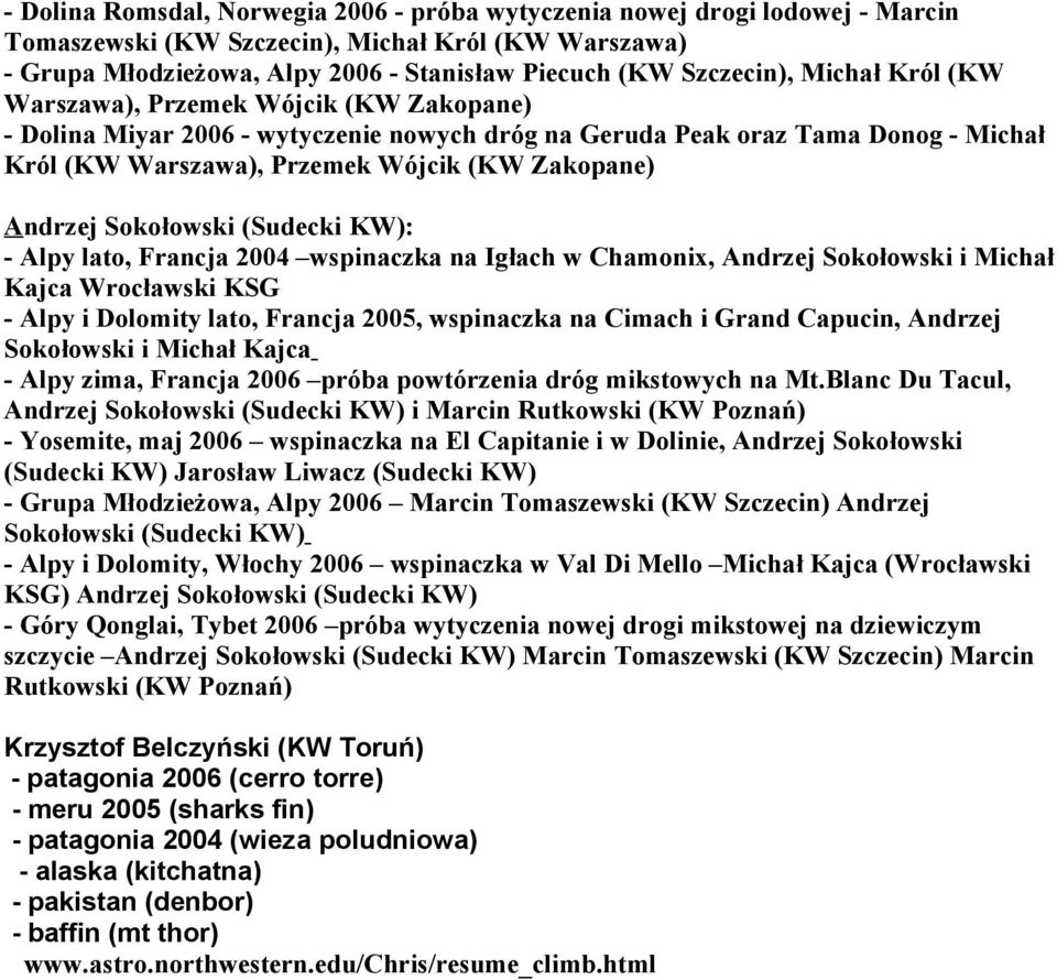 Sokołowski (Sudecki KW): - Alpy lato, Francja 2004 wspinaczka na Igłach w Chamonix, Andrzej Sokołowski i Michał Kajca Wrocławski KSG - Alpy i Dolomity lato, Francja 2005, wspinaczka na Cimach i Grand