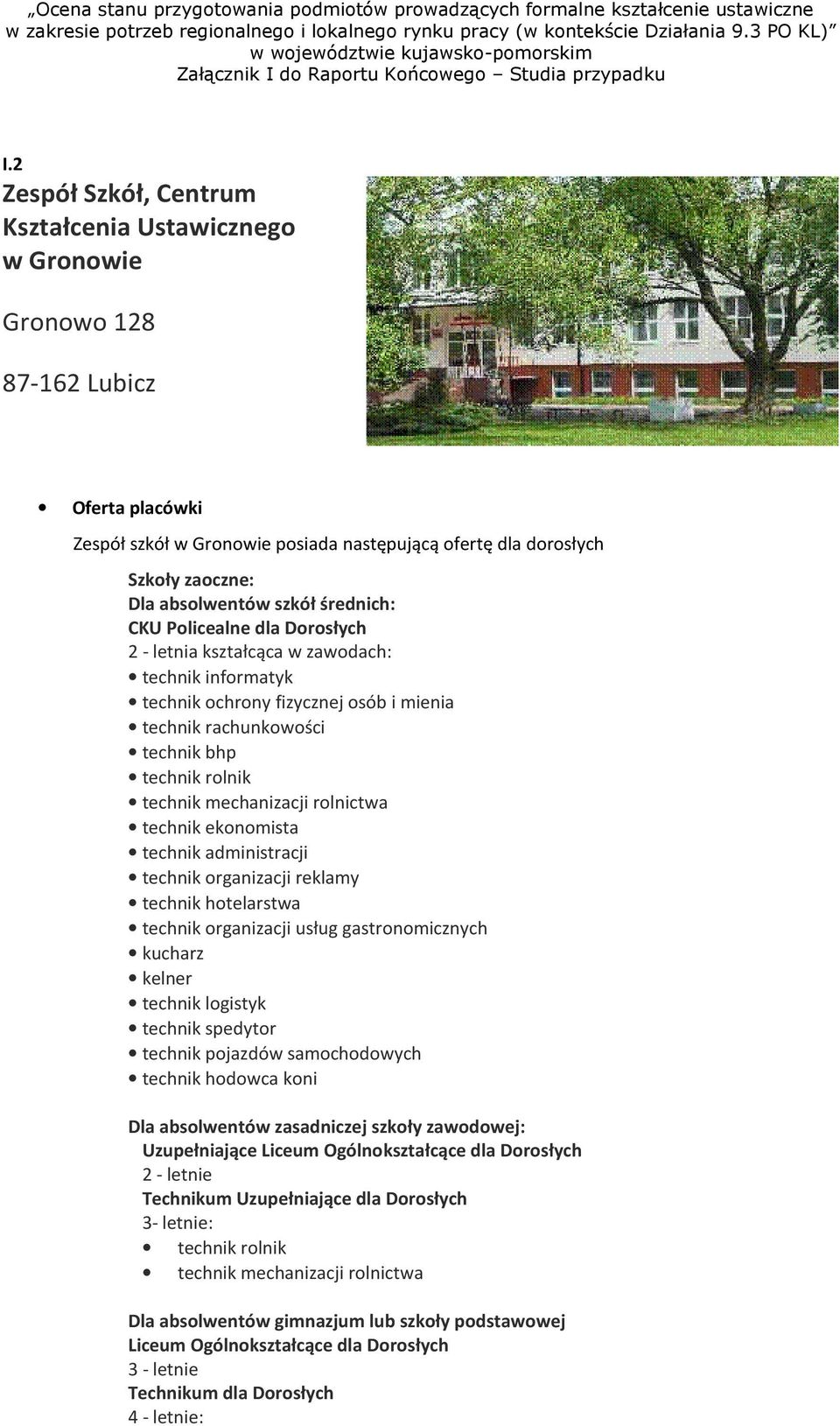 2 Zespół Szkół, Centrum Kształcenia Ustawiczneg w Grnwie Grnw 128 87-162 Lubicz Oferta placówki Zespół szkół w Grnwie psiada następującą fertę dla drsłych Szkły zaczne: Dla abslwentów szkół średnich: