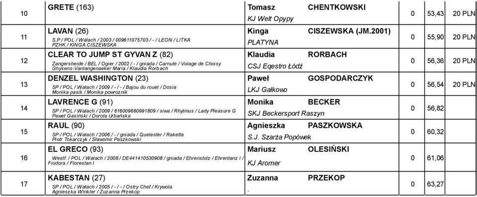 Ghysens-Vanlangenaeker Maria / Klaudia Rorbach CSJ Eqestro Łódź DENZEL WASHINGTON () Paweł GOSPODARCZYK SP / POL / Wałach / 00 / - / - / Bajou du rouet / Dosia Monika pasik / Monika powroznik LKJ