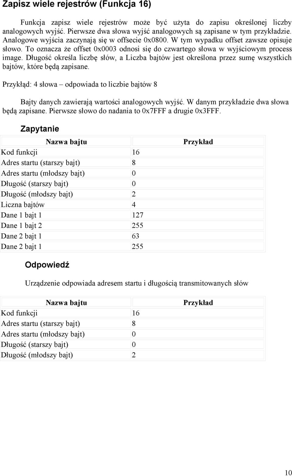 Długość określa liczbę słów, a Liczba bajtów jest określona przez sumę wszystkich bajtów, które będą zapisane.