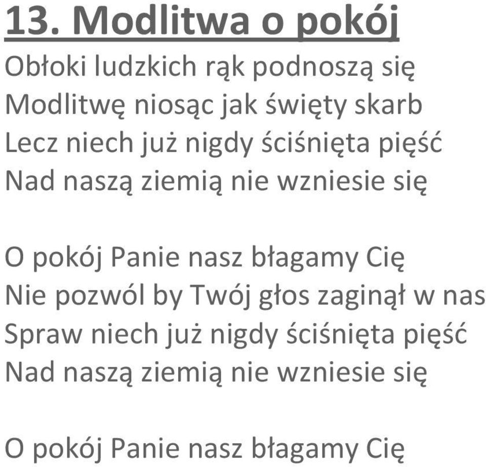 pokój Panie nasz błagamy Cię Nie pozwól by Twój głos zaginął w nas Spraw niech już