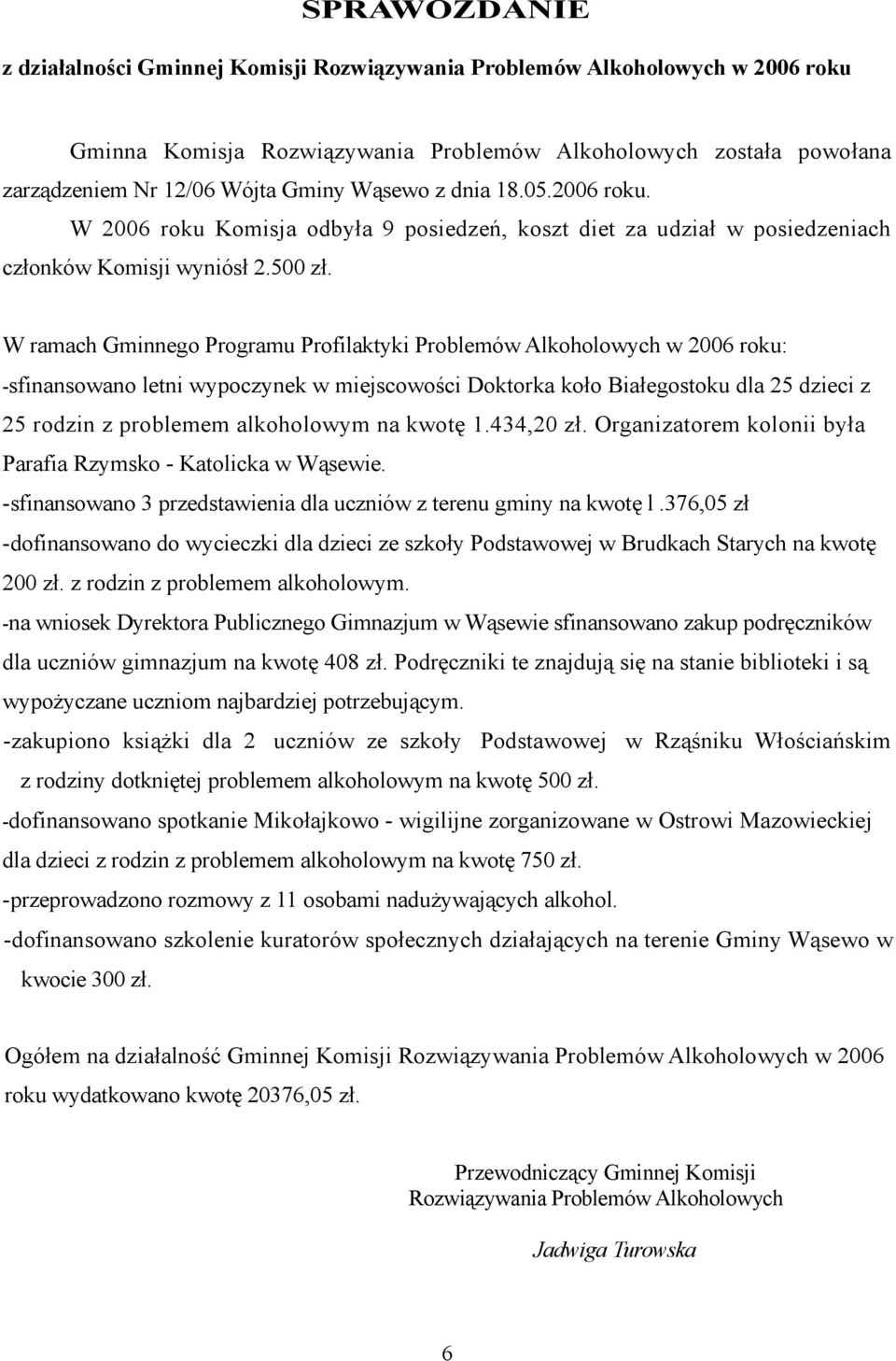 W ramach Gminnego Programu Profilaktyki Problemów Alkoholowych w 2006 roku: -sfinansowano letni wypoczynek w miejscowości Doktorka koło Białegostoku dla 25 dzieci z 25 rodzin z problemem alkoholowym