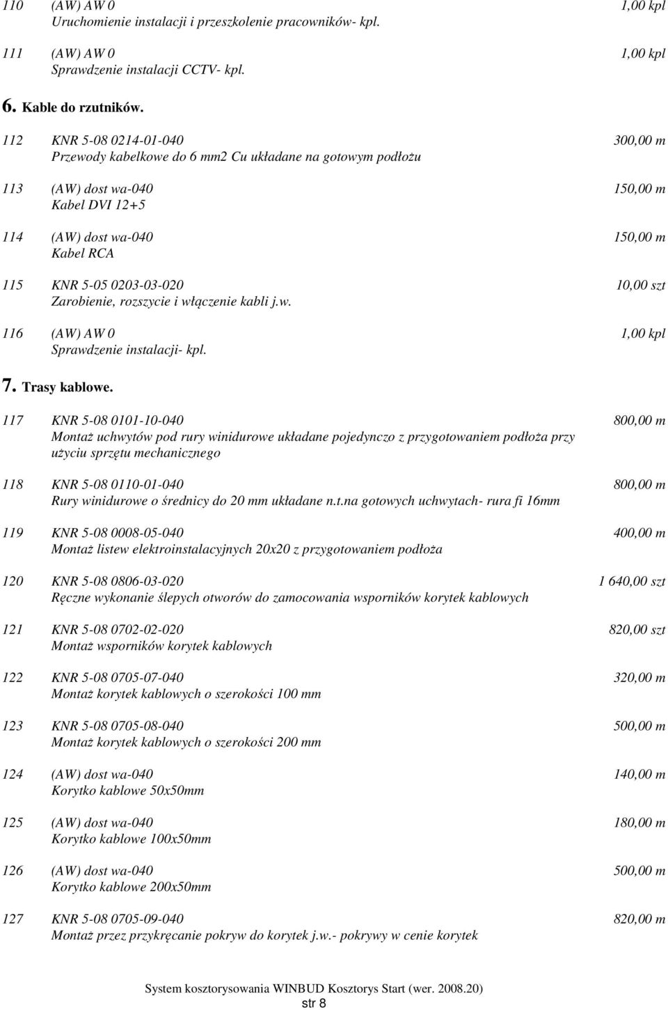 włączenie kabli j.w. 116 (AW) AW 0 Sprawdzenie instalacji- kpl. 300,00 m 150,00 m 150,00 m 10,00 szt 7. Trasy kablowe.