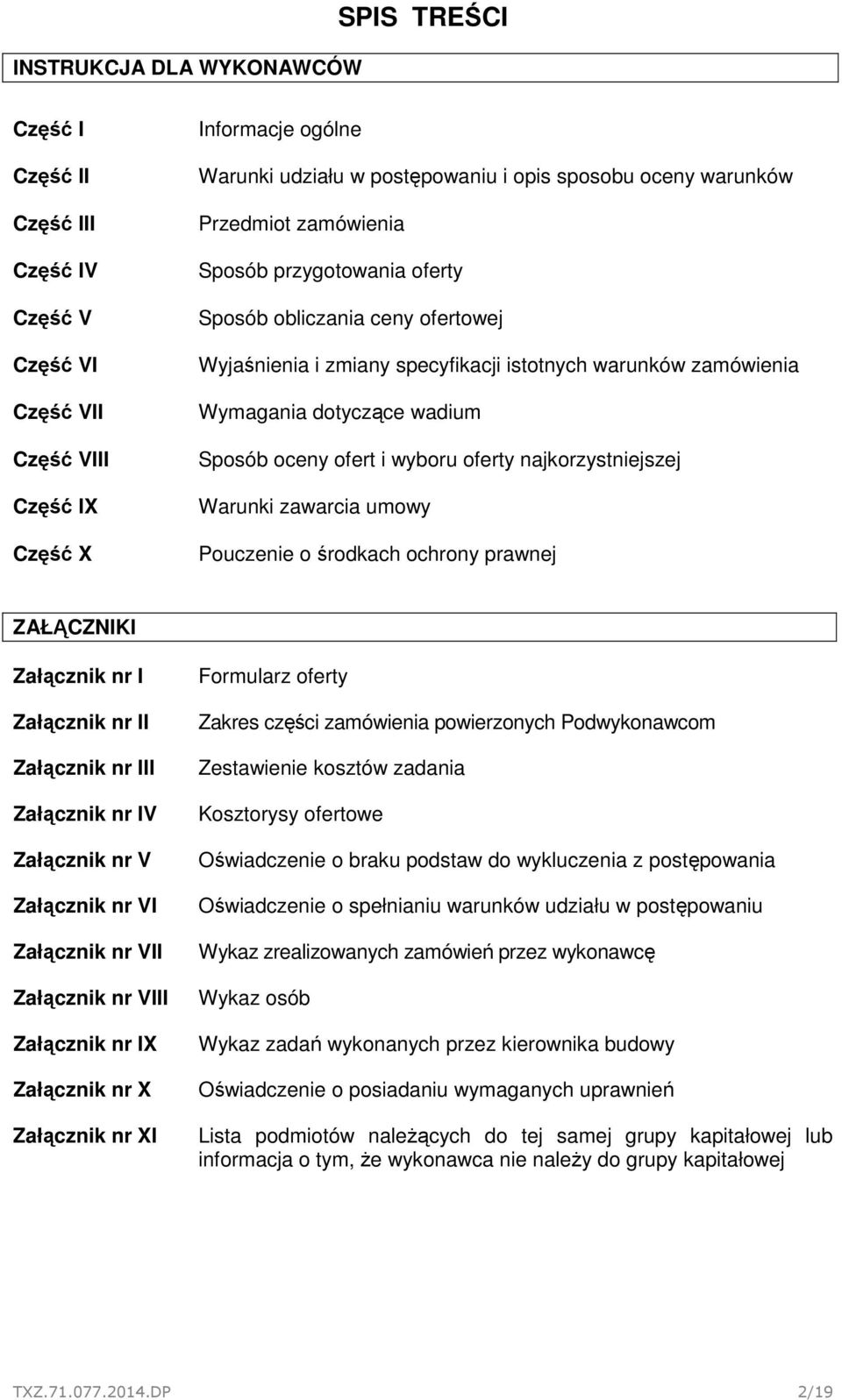 ofert i wyboru oferty najkorzystniejszej Warunki zawarcia umowy Pouczenie o środkach ochrony prawnej ZAŁĄCZNIKI Załącznik nr I Załącznik nr II Załącznik nr III Załącznik nr IV Załącznik nr V