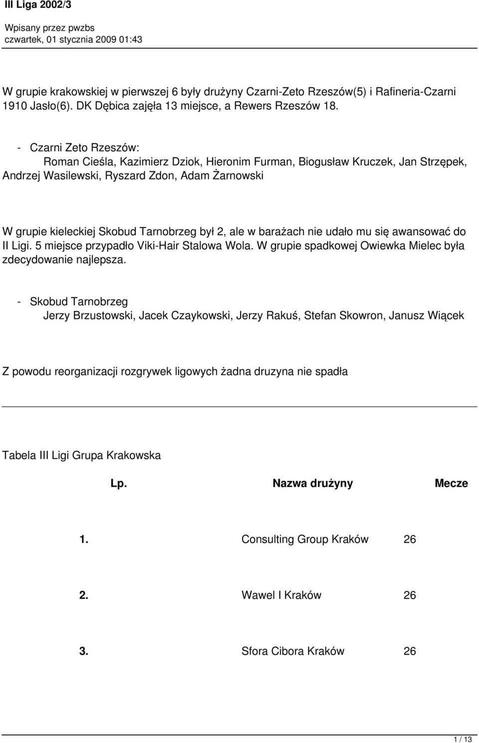 ale w barażach nie udało mu się awansować do II Ligi. 5 miejsce przypadło Viki-Hair Stalowa Wola. W grupie spadkowej Owiewka Mielec była zdecydowanie najlepsza.