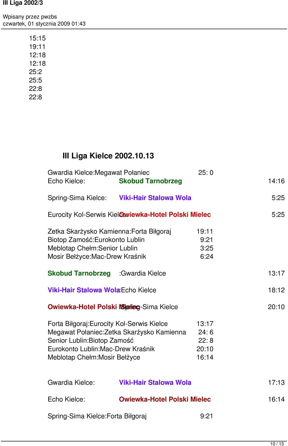 Skarżysko Kamienna:Forta Biłgoraj 19:11 Biotop Zamość:Eurokonto Lublin 9:21 Meblotap Chełm:Senior Lublin 3:25 Mosir Bełżyce:Mac-Drew Kraśnik 6:24 Skobud Tarnobrzeg :Gwardia Kielce 13:17 Viki-Hair