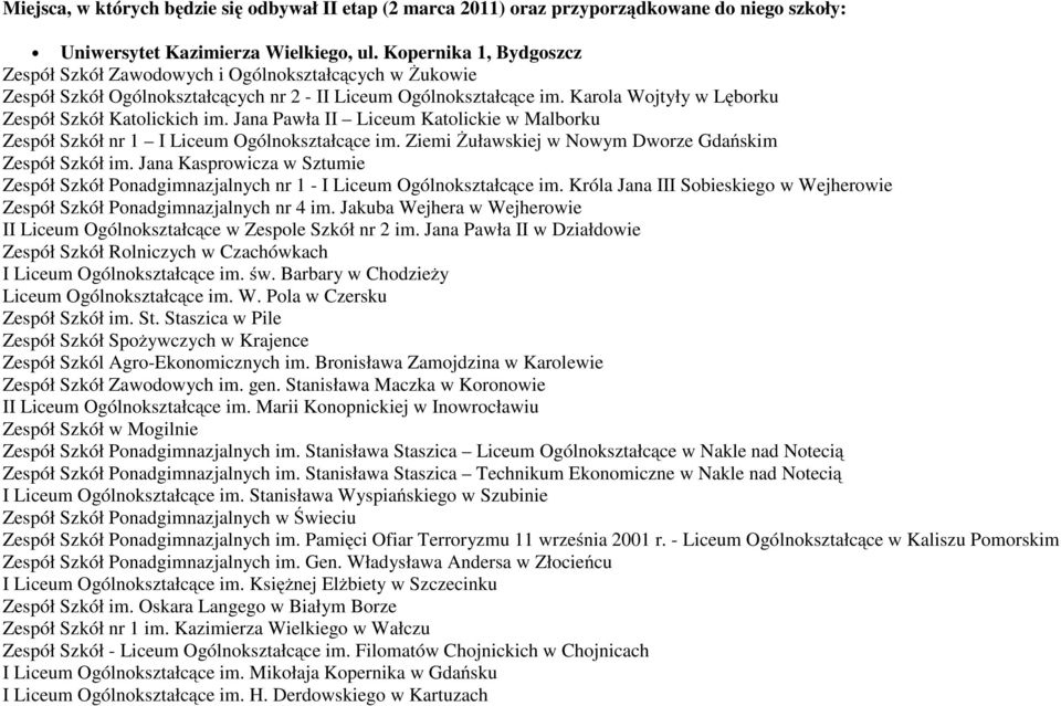 Karola Wojtyły w Lęborku Zespół Szkół Katolickich im. Jana Pawła II Liceum Katolickie w Malborku Zespół Szkół nr 1 I Liceum Ogólnokształcące im.