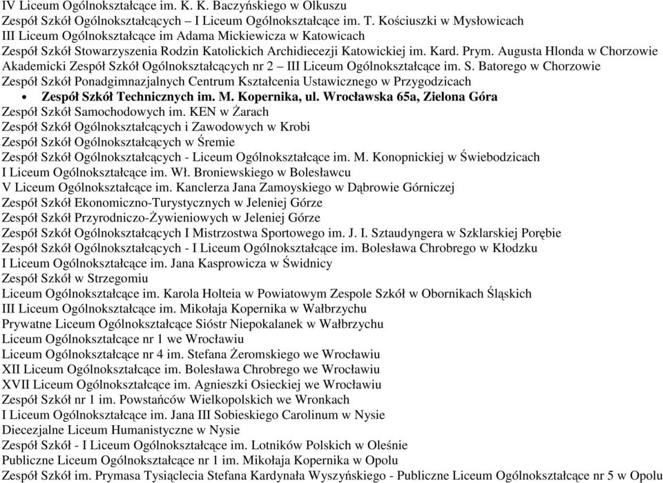 Augusta Hlonda w Chorzowie Akademicki Zespół Szkół Ogólnokształcących nr 2 III Liceum Ogólnokształcące im. S. Batorego w Chorzowie Zespół Szkół Ponadgimnazjalnych Centrum Kształcenia Ustawicznego w Przygodzicach Zespół Szkół Technicznych im.