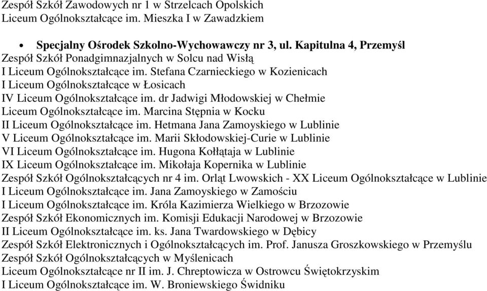 Stefana Czarnieckiego w Kozienicach I Liceum Ogólnokształcące w Łosicach IV Liceum Ogólnokształcące im. dr Jadwigi Młodowskiej w Chełmie Liceum Ogólnokształcące im.