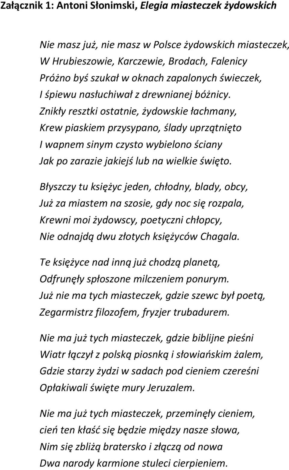 Znikły resztki ostatnie, żydowskie łachmany, Krew piaskiem przysypano, ślady uprzątnięto I wapnem sinym czysto wybielono ściany Jak po zarazie jakiejś lub na wielkie święto.