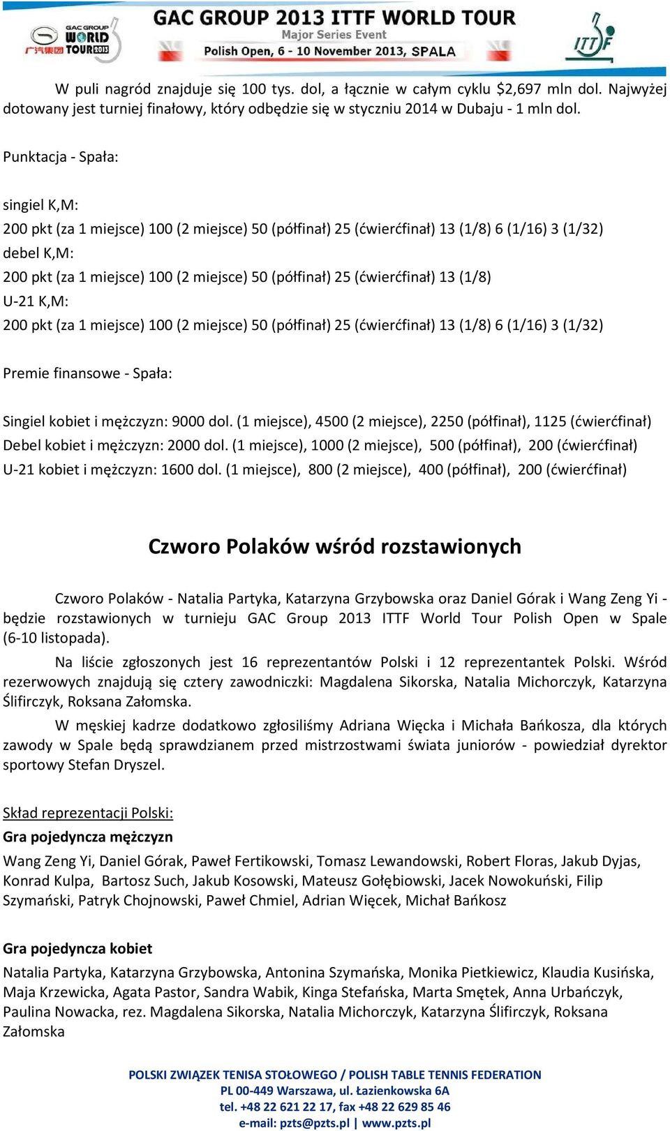 (ćwierćfinał) 13 (1/8) U-21 K,M: 200 pkt (za 1 miejsce) 100 (2 miejsce) 50 (półfinał) 25 (ćwierćfinał) 13 (1/8) 6 (1/16) 3 (1/32) Premie finansowe - Spała: Singiel kobiet i mężczyzn: 9000 dol.