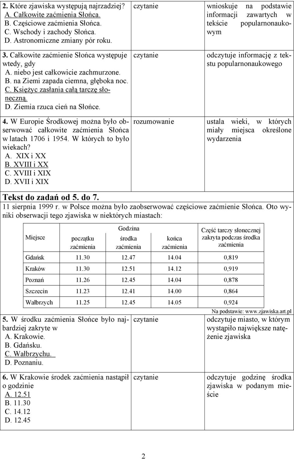 C. Księżyc zasłania całą tarczę słoneczną. D. Ziemia rzuca cień na Słońce. 4. W Europie Środkowej można było obserwować całkowite zaćmienia Słońca w latach 1706 i 1954. W których to było wiekach? A.