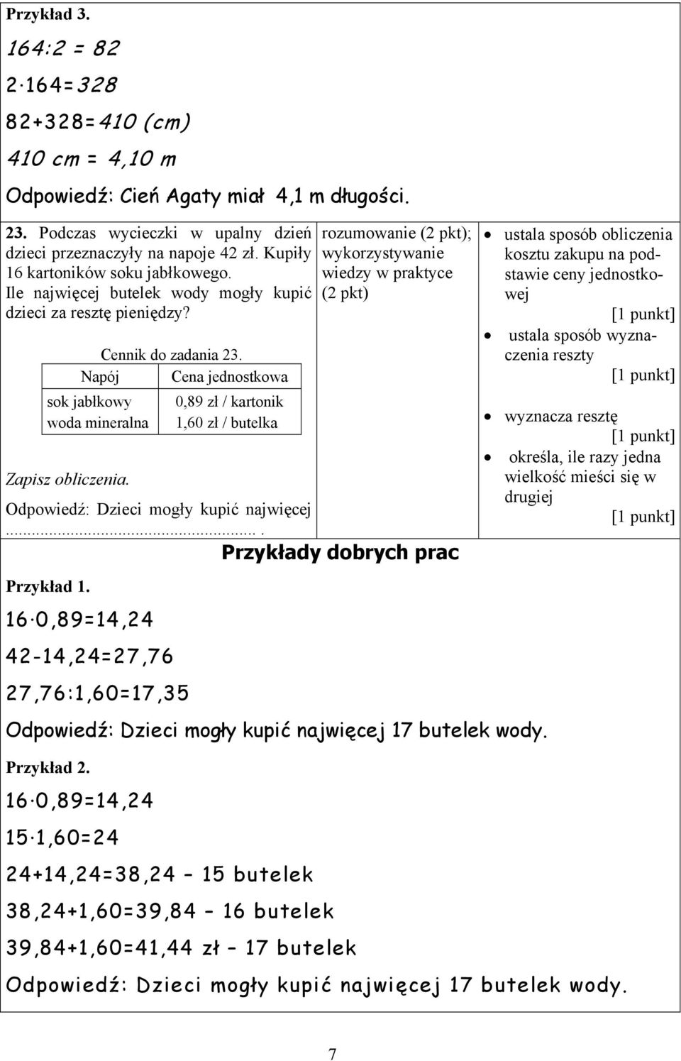 Odpowiedź: Dzieci mogły kupić najwięcej.... Przykłady dobrych prac Przykład 1. 16 0,89=14,24 42-14,24=27,76 27,76:1,60=17,35 Odpowiedź: Dzieci mogły kupić najwięcej 17 butelek wody. Przykład 2.