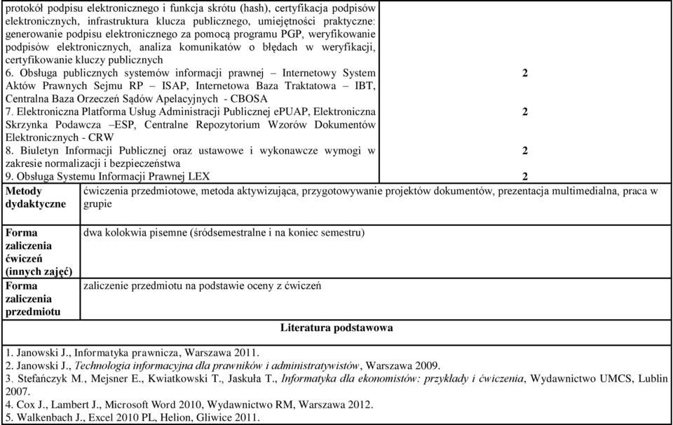 Obsługa publicznych systemów informacji prawnej Internetowy System Aktów Prawnych Sejmu RP ISAP, Internetowa Baza Traktatowa IBT, Centralna Baza Orzeczeń Sądów Apelacyjnych - CBOSA 7.