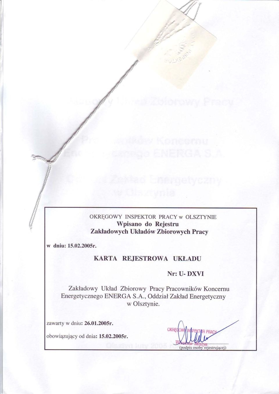 Zbiorowych Pracy KARTA REJESTROWA UKLADU Nr: U- DXVI Zaktadowy Uktad Zbiorowy Pracy