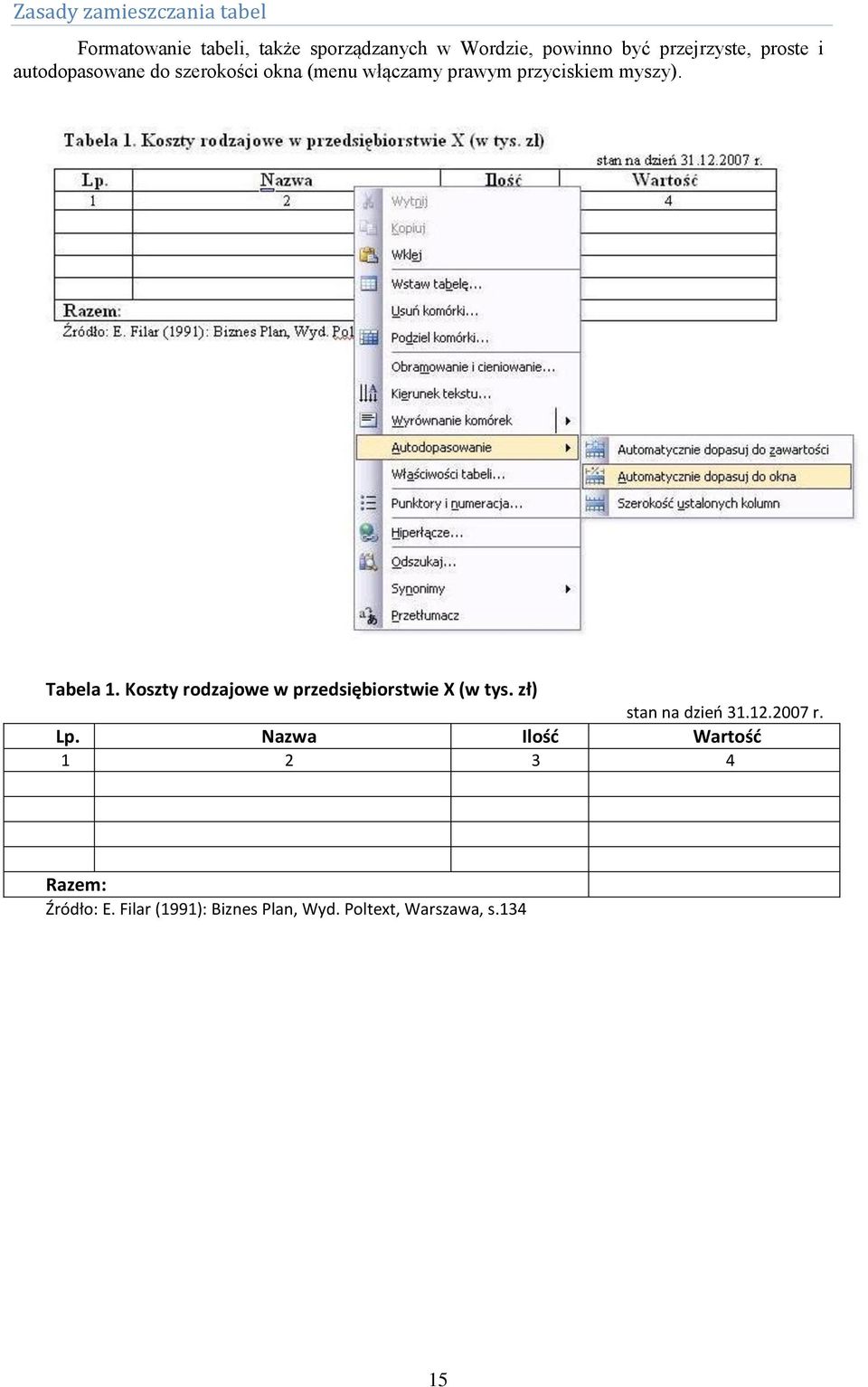 Tabela 1. Koszty rodzajowe w przedsiębiorstwie X (w tys. zł) stan na dzień 31.12.2007 r. Lp.