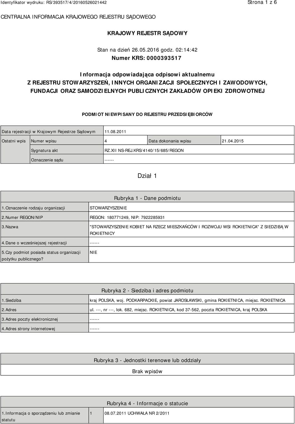 OPIEKI ZDROWOTNEJ PODMIOT NIEWPISANY DO REJESTRU PRZEDSIĘBIORCÓW Data rejestracji w Krajowym Rejestrze Sądowym 11.08.2011 Ostatni wpis Numer wpisu 4 Data dokonania wpisu 21.04.2015 Sygnatura akt RZ.