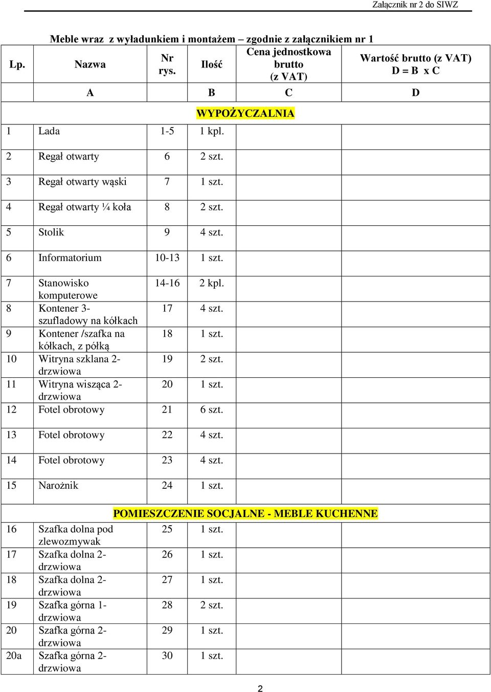 szufladowy na kółkach 9 Kontener /szafka na 18 1 szt. kółkach, z półką 10 Witryna szklana 2-19 2 szt. 11 Witryna wisząca 2-20 1 szt. 12 Fotel obrotowy 21 6 szt. 13 Fotel obrotowy 22 4 szt.