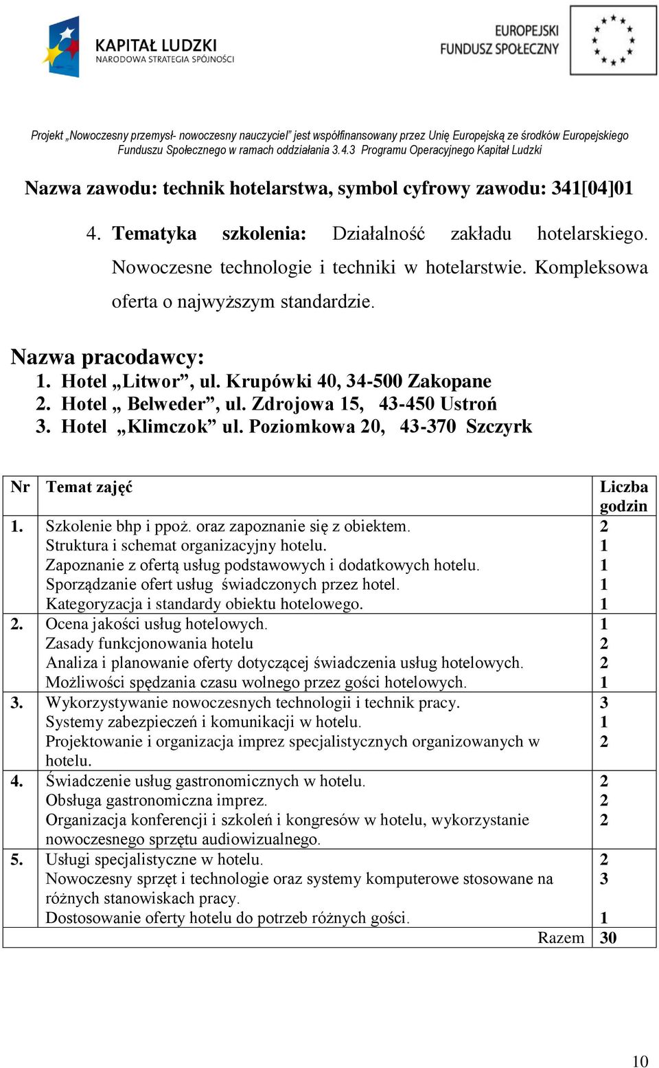 Poziomkowa 0, 43-370 Szczyrk Nr Temat zajęć. Szkolenie bhp i ppoż. oraz zapoznanie się z obiektem. Struktura i schemat organizacyjny hotelu.