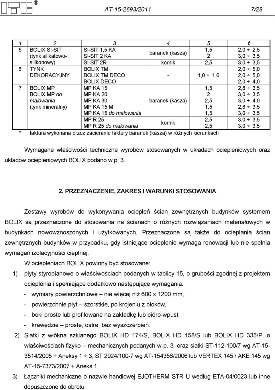 kornik MP R 25 do malowania * faktura wykonana przez zacieranie faktury baranek (kasza) w różnych kierunkach 2,0 4,0 2,8 3,5 3,0 4,0 2,8 3,5 Wymagane właściwości techniczne wyrobów stosowanych w