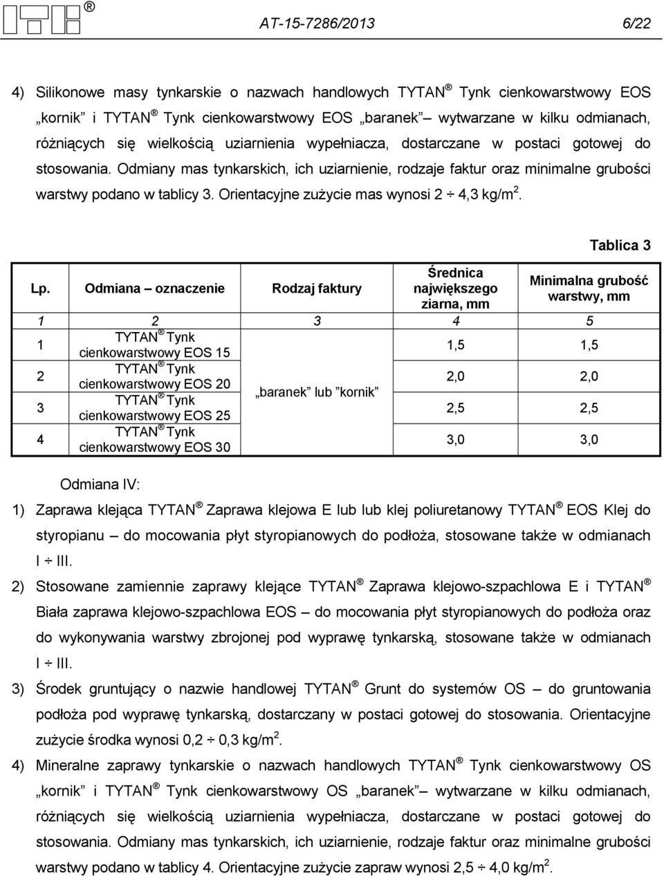 Orientacyjne zużycie mas wynosi 2 4,3 kg/m 2. Lp.