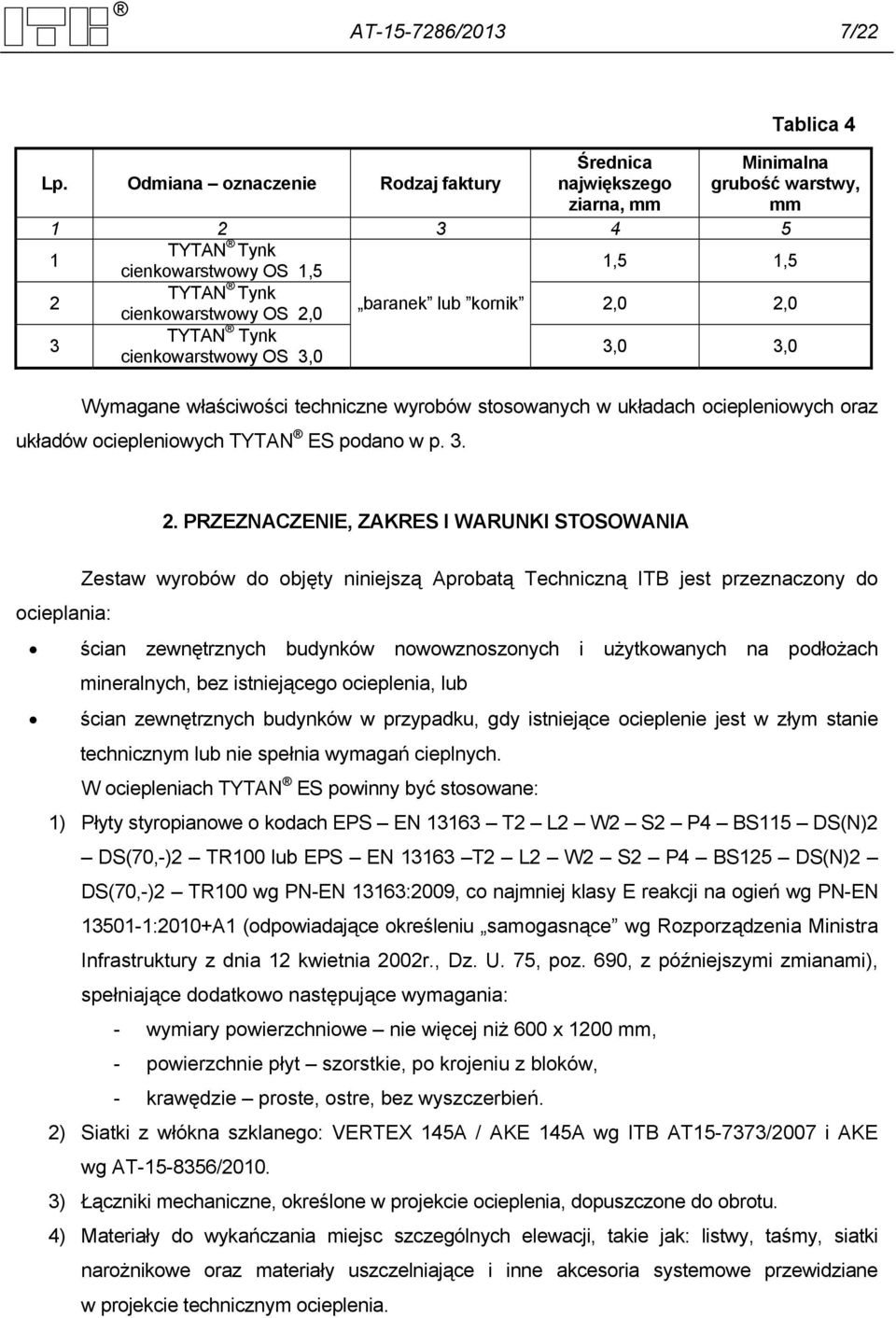 2,0 3 cienkowarstwowy OS 3,0 3,0 3,0 Wymagane właściwości techniczne wyrobów stosowanych w układach ociepleniowych oraz układów ociepleniowych TYTAN ES podano w p. 3. 2.