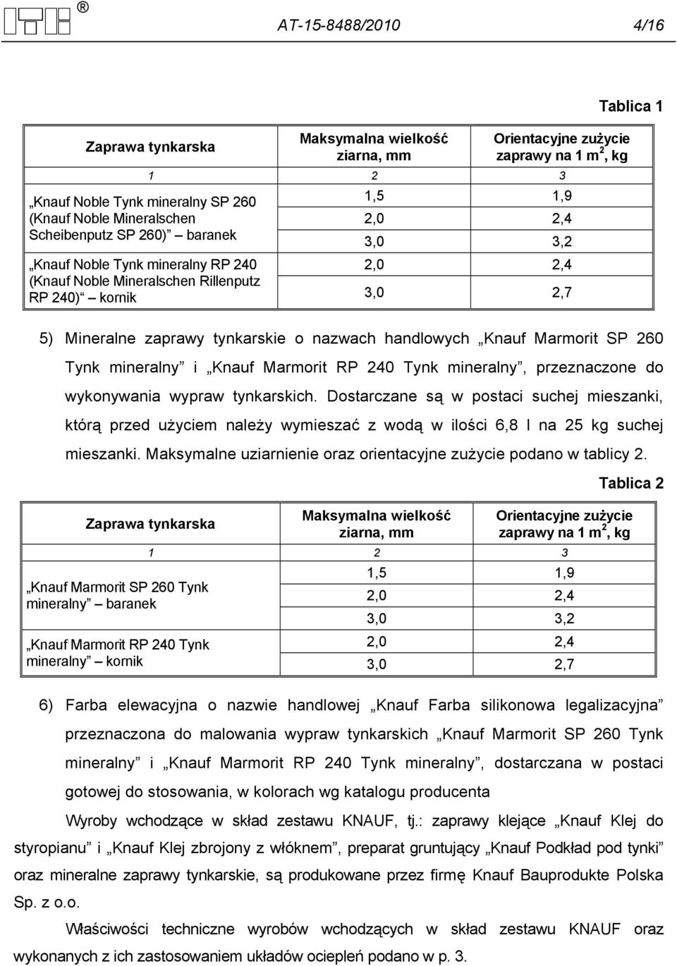 Knauf Marmorit SP 260 Tynk mineralny i Knauf Marmorit RP 240 Tynk mineralny, przeznaczone do wykonywania wypraw tynkarskich.