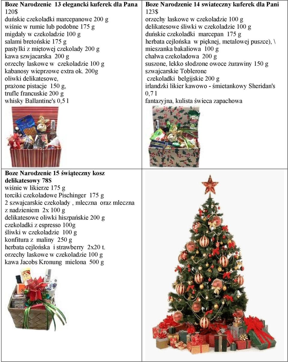 200g oliwki delikatesowe, prażone pistacje 150 g, trufle francuskie 200 g whisky Ballantine's 0,5 l Boze Narodzenie 14 swiateczny kuferek dla Pani 123$ orzechy laskowe w czekoladzie 100 g