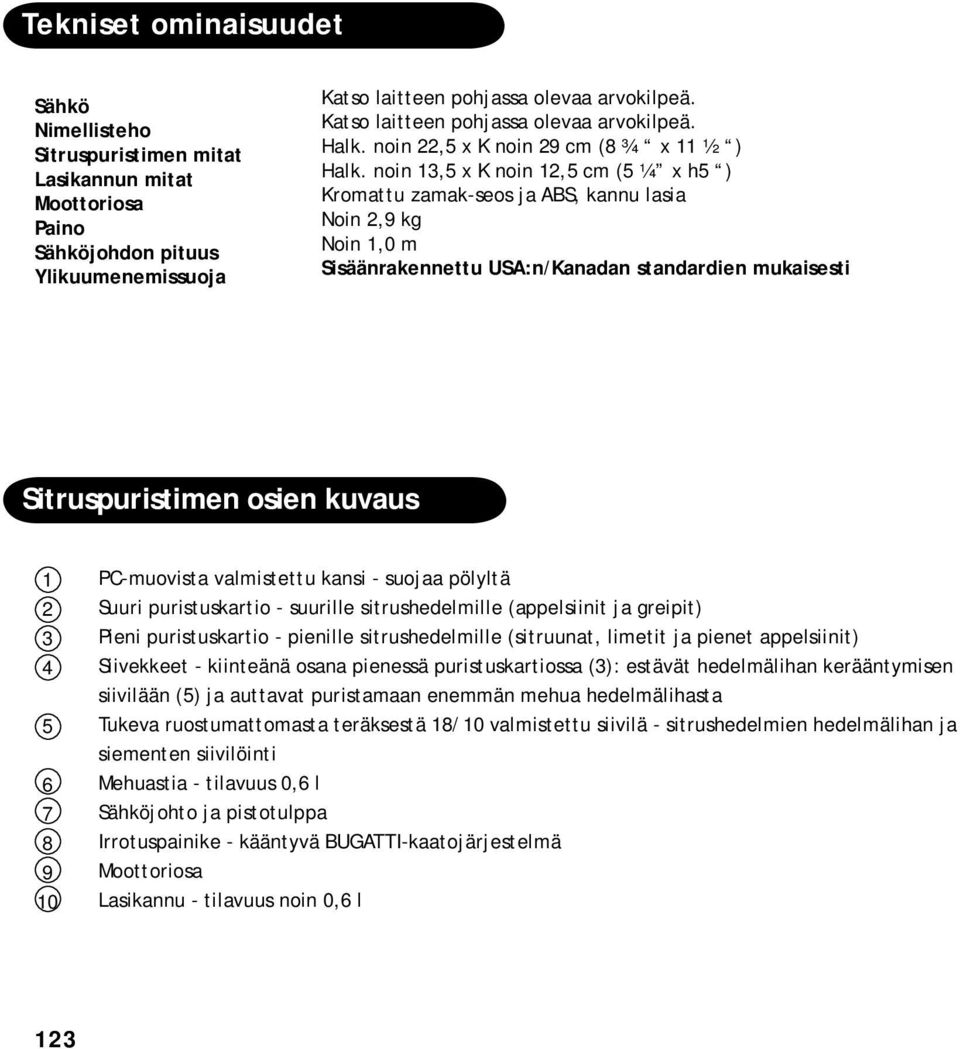 noin 13,5 x K noin 12,5 cm (5 ¼ x h5 ) Kromattu zamak-seos ja ABS, kannu lasia Noin 2,9 kg Noin 1,0 m Sisäänrakennettu USA:n/Kanadan standardien mukaisesti Sitruspuristimen osien kuvaus 1 2 3 4 5 6 7