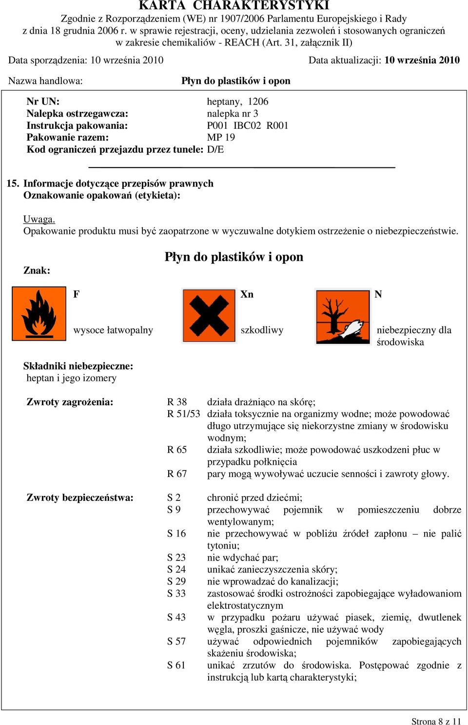 Znak: F Xn N wysoce łatwopalny szkodliwy niebezpieczny dla środowiska Składniki niebezpieczne: heptan i jego izomery Zwroty zagrożenia: R 38 działa drażniąco na skórę; R 51/53 działa toksycznie na