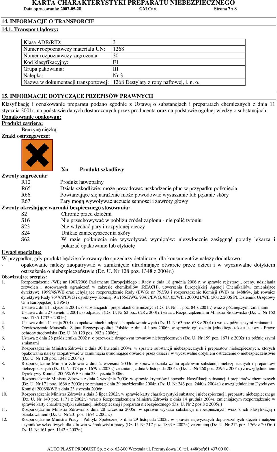 .1. Transport lądowy: Klasa ADR/RID: 3 Numer rozpoznawczy materiału UN: 1268 Numer rozpoznawczy zagroŝenia: 30 Kod klasyfikacyjny: F1 Grupa pakowania: III Nalepka: Nr 3 Nazwa w dokumentacji