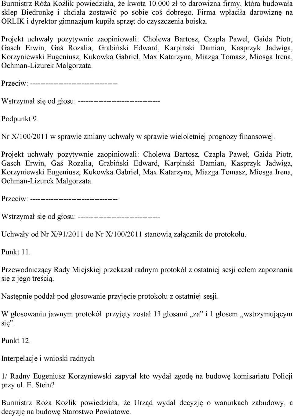 Projekt uchwały pozytywnie zaopiniowali: Cholewa Bartosz, Czapla Paweł, Gaida Piotr, Ochman-Lizurek Malgorzata. Podpunkt 9.