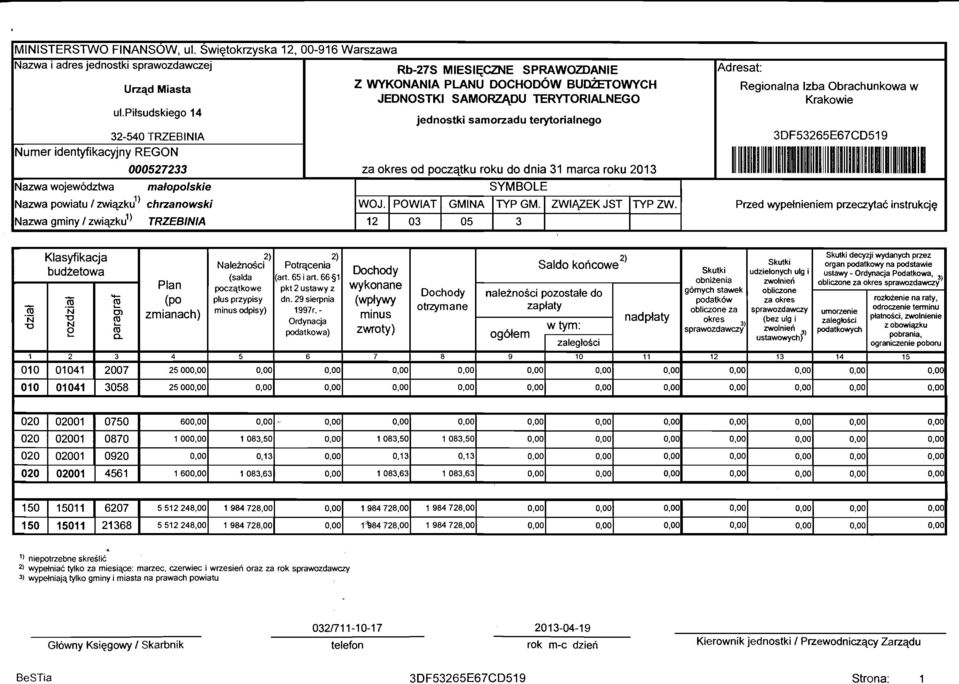 pilsudskiego 14 jednostki samotzadu terytorialnego 32-540 TRZEBINIA Numer identyfikacyjny REGON Nazwa wojewodztwa Nazwa powiatu I zwiqzk:) Nazwa gminy I zwigkul) 000527233 matopolskie chnanowski