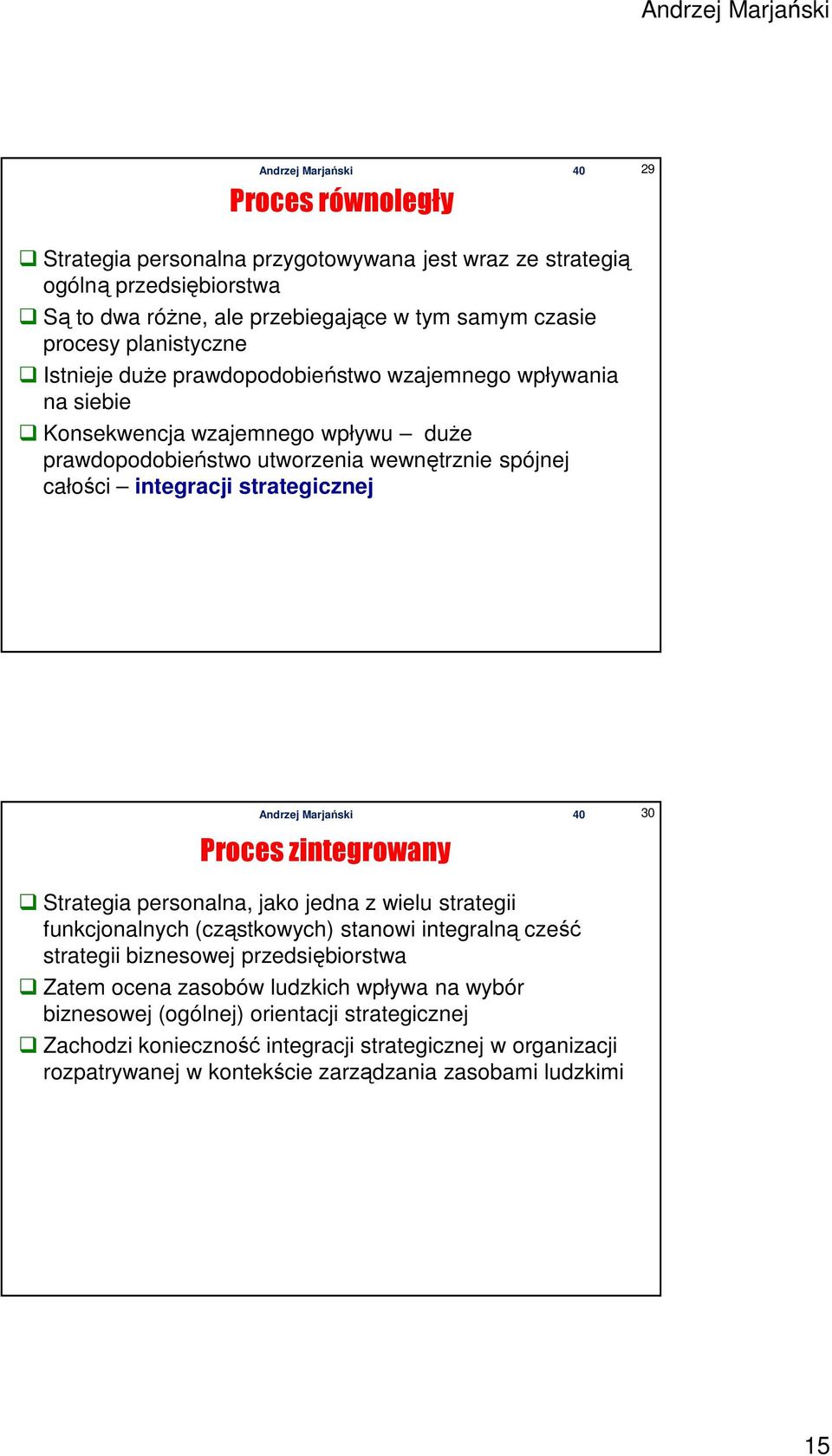 Proces zintegrowany 30 Strategia personalna, jako jedna z wielu strategii funkcjonalnych (cząstkowych) stanowi integralną cześć strategii biznesowej przedsiębiorstwa Zatem ocena